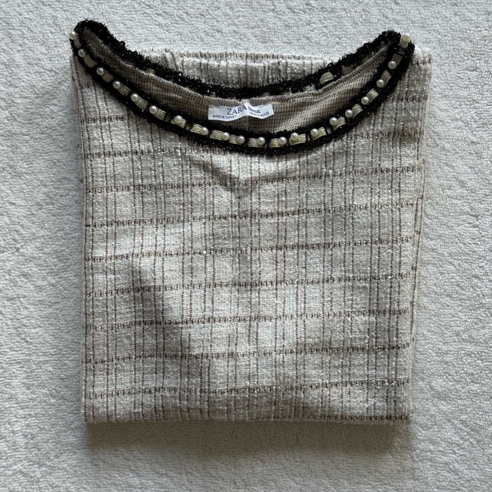 Zara Textured Tweed Shirt White Plaid with Black Trim/Pearl Beaded Hem